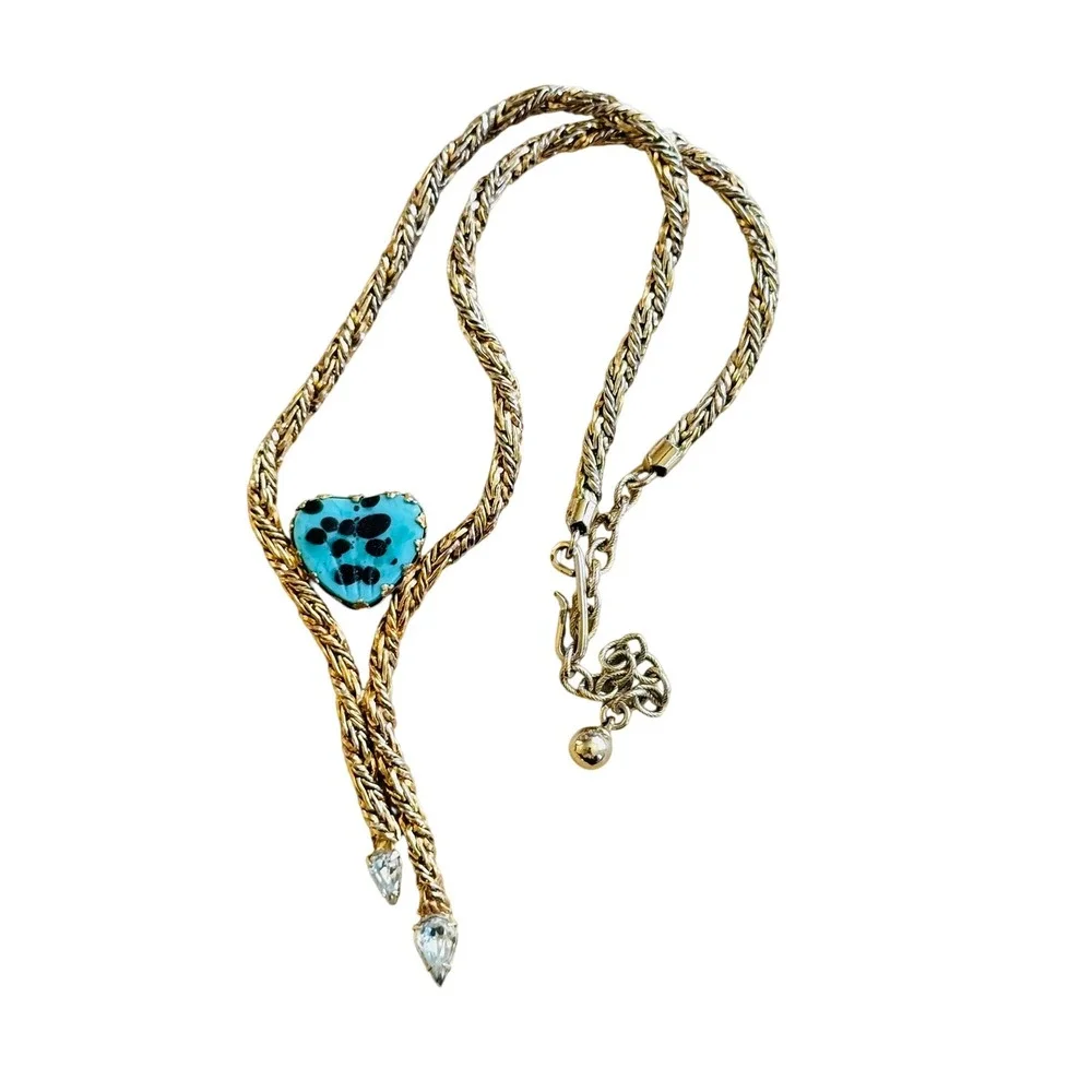 VTG Volupte Heart Necklace VTG Turquoise Glass Statement Rope Gold Whimsical 16